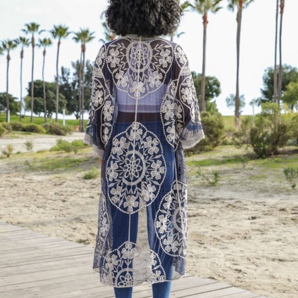 New Bohemian Embroidered Navy Blue Kimono Cardigan Cover-Up Top Jacket Women - Picture 2 of 8